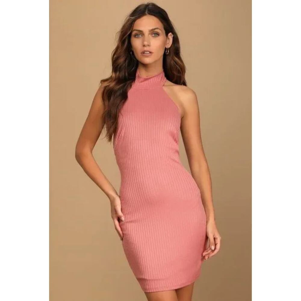 NWT Lulus Got the Groove Ribbed Halter Bodycon Mini Dress Dusty Pink Size L